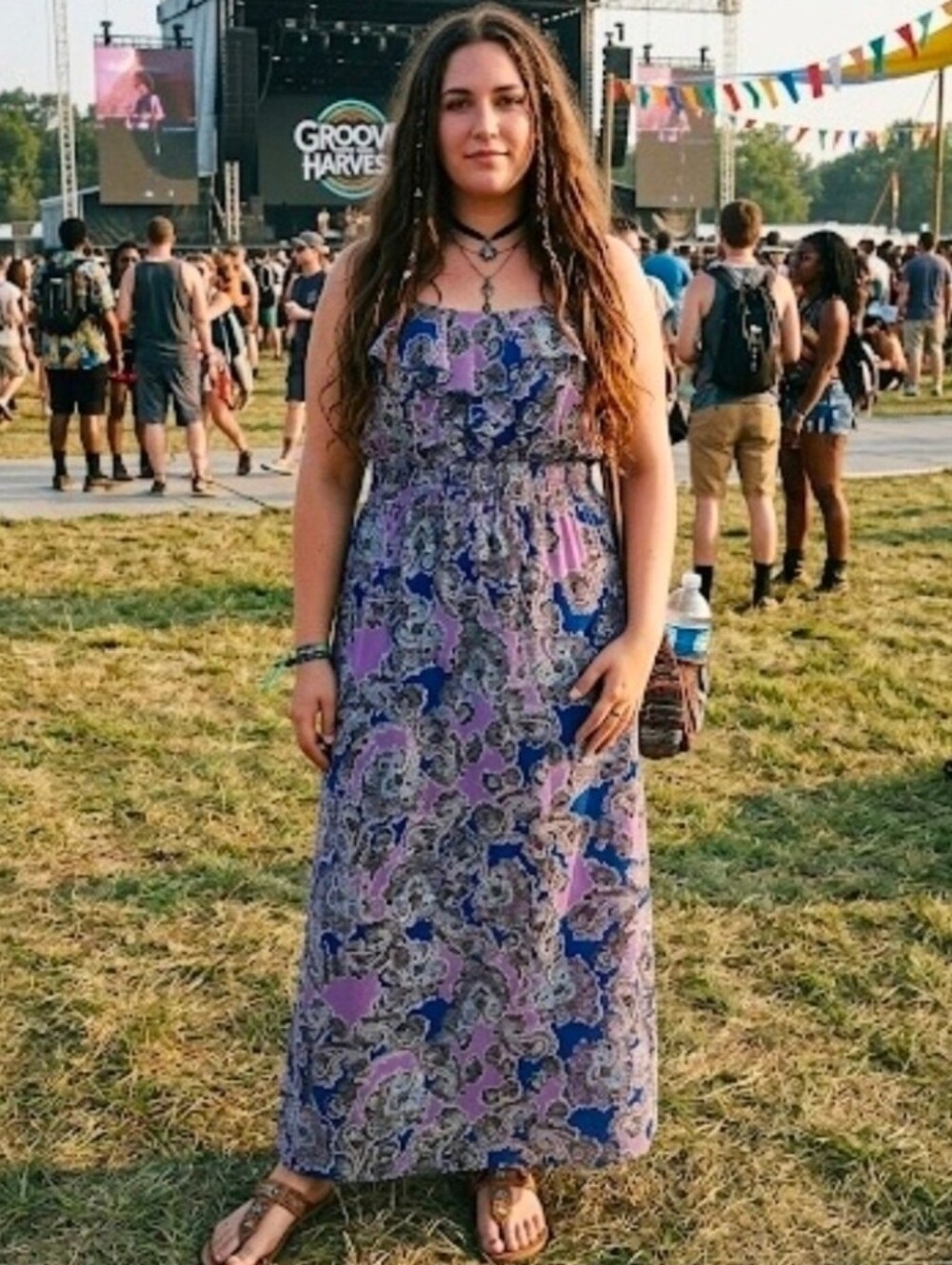 Faded Glory XL Lavender Paisley Boho Strappy Festival Chiffon Hippie Maxi Dress